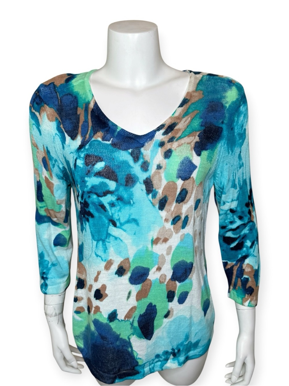 Chico’s Floral Knit V-neck Sweater Sz 1 Medium Pullover 3/4 Sleeve Blue Aqua